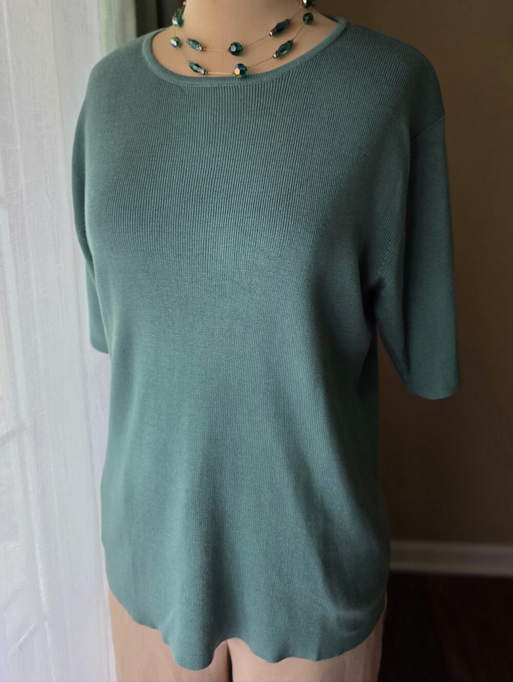 Short Sleeve Sweater 100% Silk Neiman Marcus Studio Top Seafoam Green Large Knit